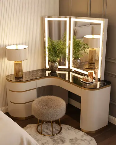 Modern Curved Vanity Dressing Table with LED Mirror and Stool