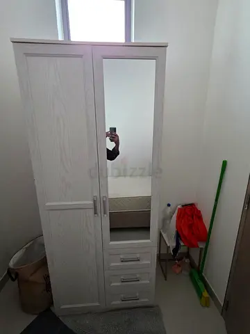 White wooden wardrobe with mirror and 3 drawers - good condition