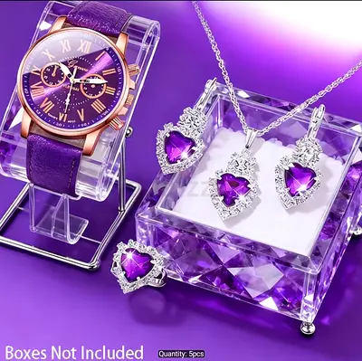 Purple Crystal Heart Necklace, Earrings and Ring Set with Matching Purple Watch (5pcs)