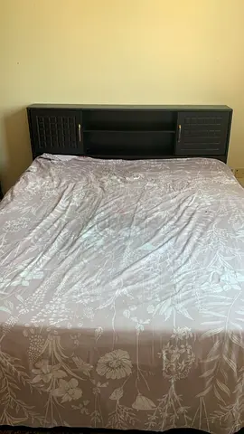 Queen/Double Bed Headboard with Built-in Shelves and Storage (Dark Wood)