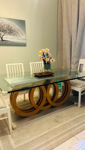 Glass Dining Table with Decorative Wooden Ring Base - 6 Seater