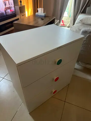 White 3-Drawer Chest with Colored Knobs - Good Condition