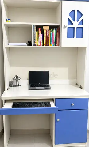 White and Blue Study Desk with Shelves and Cabinet - Good Condition