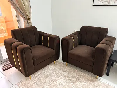 2 Single Seater  Brown Velvet Sofa Set with Gold Trim (Like New)