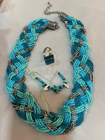 Handmade braided blue seed bead necklace with matching ring and bracelet set