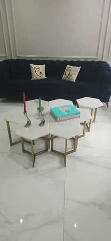 Set of 4 White Hexagon Marble Coffee Tables with Gold Legs