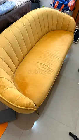 Mustard yellow velvet 3-seater sofa with gold legs - good condition