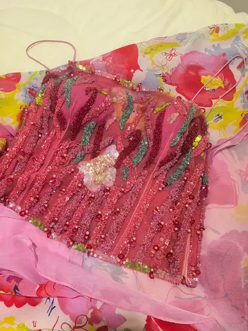 Hand-embroidered pink beaded corset top, size Medium