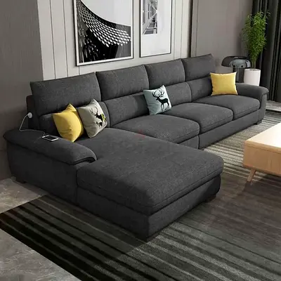 Large L-shaped Grey Fabric Sofa with Chaise - Comfortable Family Sofa