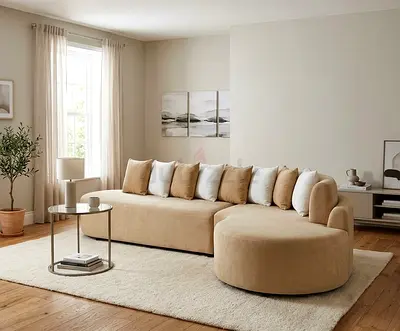 Beige Curved Fabric Sofa with Chaise - Modern Low-Profile Design