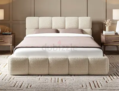 Modern upholstered queen bed with padded headboard - beige