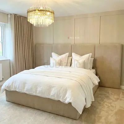 Beige Upholstered King Bed with Padded Headboard