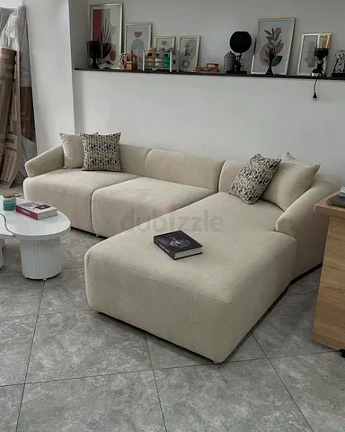 Beige L-shaped Modular Sofa with Chaise - Modern Low Profile