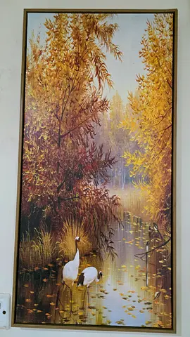 Framed Rectangular Autumn Landscape Wall Art with Swans
