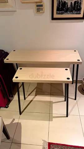 Set of 2 Nested Console Tables with Light Wood Tops and Black Legs