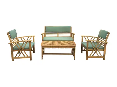 4-piece wooden outdoor seating set with cushions (sofa, 2 chairs, coffee table)