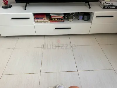 White low TV cabinet with drawers and open shelving - good condition