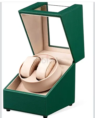 Dual Watch Winder Box with Green Leather Finish and Glass Lid