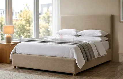 Beige Upholstered Queen Bed with Headboard - Excellent Condition