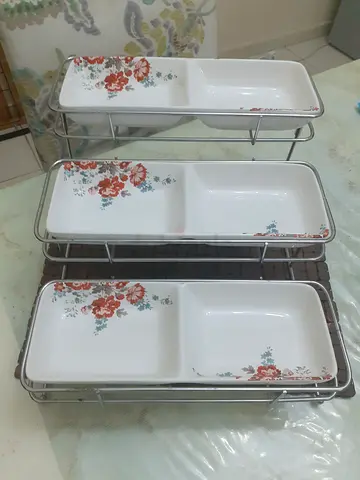 Set of 3 Ceramic Divided Serving Dishes with Metal Racks