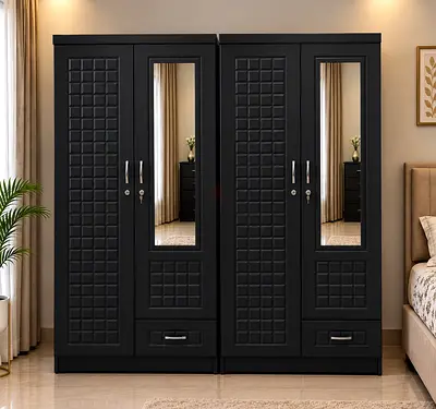 Pair of Black Modern 2-Door Wardrobes with Mirrors and Drawers each one
