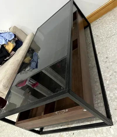 Glass Top Coffee Table with Wooden Shelf and Metal Frame