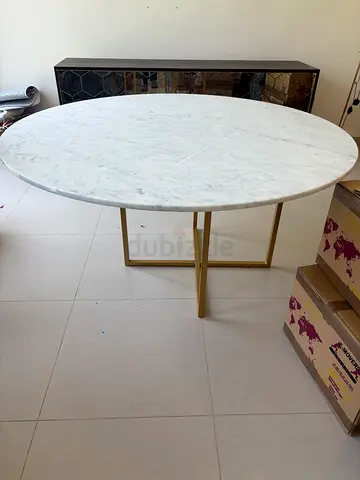 Round Carrera Marble dining Table with Gold Metal Base