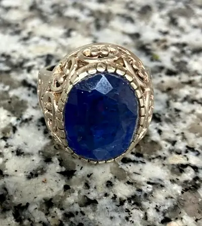 Blue Sapphire Sterling Silver Men's Ring with Large Oval Blue Stone (Vintage Style)