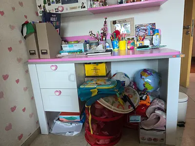 White and Pink Kids Study Desk with Drawers — Good Condition