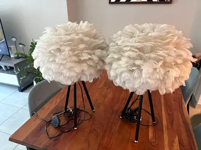 Pair of white feathered tripod table lamps - modern decorative lamps