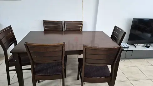 Solid Wood 6-Seater Dining Table with Chairs - Dark Brown