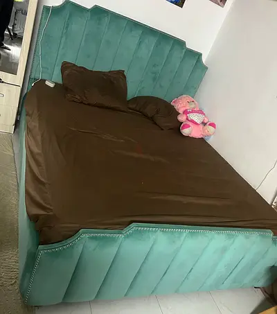 Velvet upholstered SUPER KING SIZE bed and mattress with padded headboard and footboard
