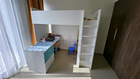 IKEA - White&Blue loft bunk bed with mattress, built-in desk and storage - good condition