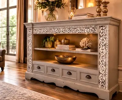 Vintage carved wooden console table with drawers and open shelf