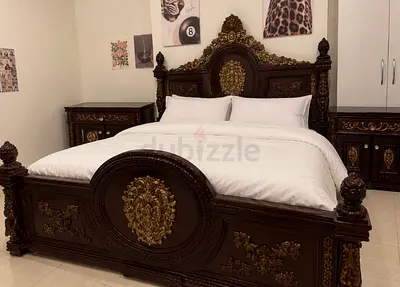 Ornate Dark Wood King Size Bed with Gold Detailing - Good Condition