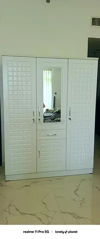 White 3-Door Wardrobe with Mirror — Good Condition