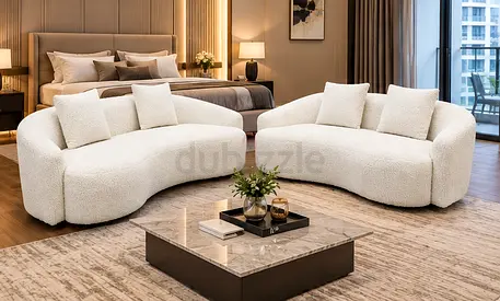 Pair of Curved Bouclé Sofas - Modern 2-Seater Lounge Set