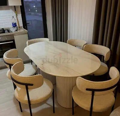 Marble-top dining table with 6 upholstered chairs - modern set