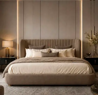 Brand Modern upholstered king-size bed with padded headboard - beige
