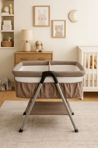 Portable baby bassinet with storage shelf - neutral beige