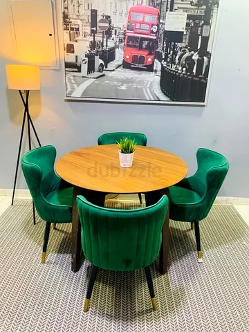 Round Wooden Dining Table with 4 Green Velvet Chairs