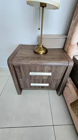 Pair of Bedside Tables / Nightstands — Grey Oak, 2 Drawers Each, Waterfall Edge