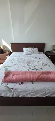 Queen bed frame with bedside tables and mattress (size 160 for two people)