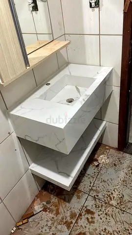 Custom Made Marble Bathroom Vanity with Integrated Wash Basin and Floating Storage Shelf