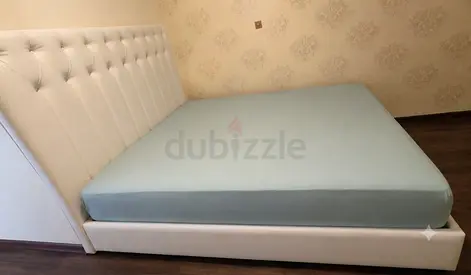 White upholstered king-size bed frame with headboard + mattress - very good condition