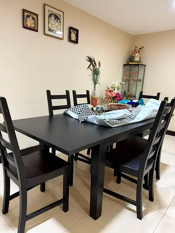 Solid Black Wooden Dining Table with 6 Chairs - Good Condition