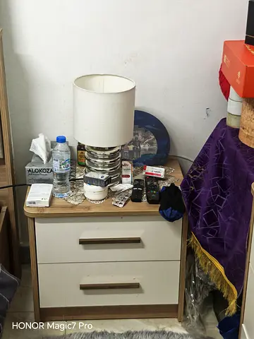 Two-drawer bedside table / nightstand in light wood and white finish