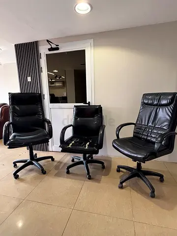 Set of 3 Black Leather Office Chairs with Wheels - Good Condition