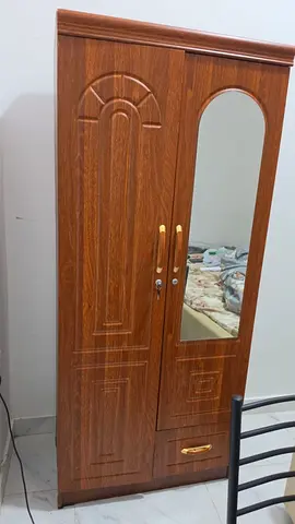 2-Door Wooden Wardrobe with Full-Length Mirror, Drawer & Lock – Good Condition