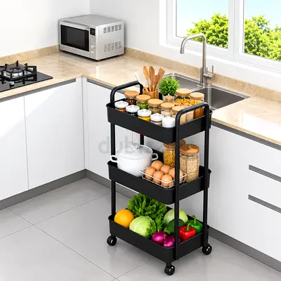 3-Tier Rolling Kitchen Storage Cart – Black Utility Organizer